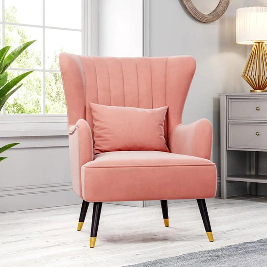 Azriela Velvet Wingback Lounge Chair with Gold-Capped Legs