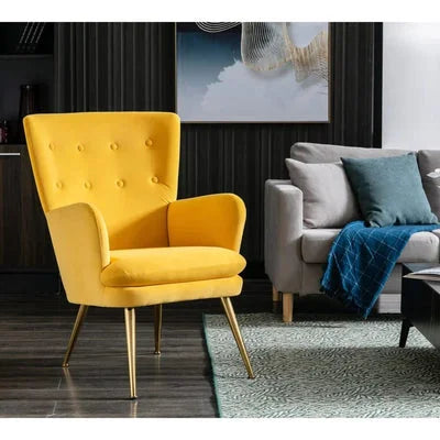 Wilbar Yellow Velvet Accent Chair with Ottoman