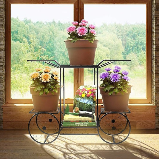 6-Tier Wrought Iron Cart Planter Stand | Decorative Outdoor Flower Rack