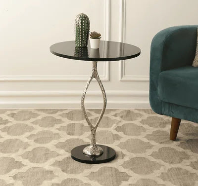 Round Black Marble Table with Silver Aluminum Base