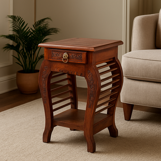 Wooden Stool-Natural Wood Antique Look Side Table with Drawer for Living Room {Brown}