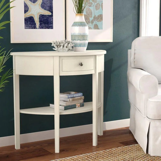 Solid Wood Half-Moon Console Table with Drawer and Shelf