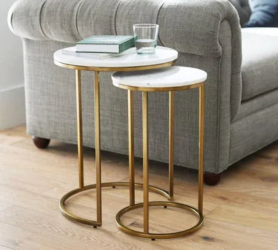 Adroit Elegant Sofa Side Nesting Tables with Italian Marble Tops
