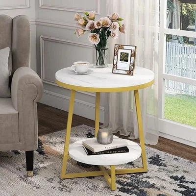 Vesta Two-Tier Marble Sofa Side Table with Gold Metal Frame