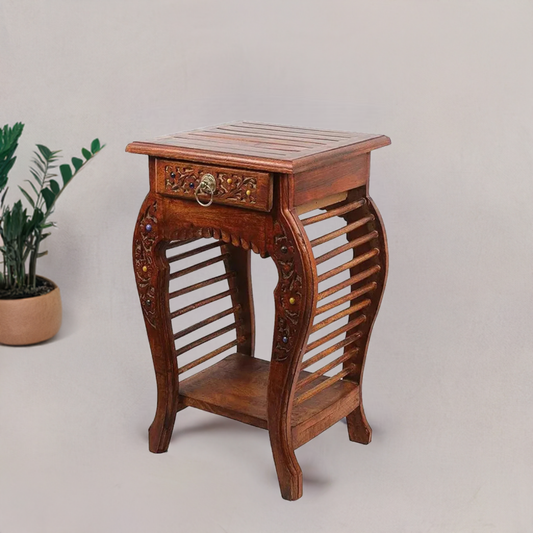 Wooden Stool-Natural Wood Antique Look Side Table with Drawer for Living Room {Brown}