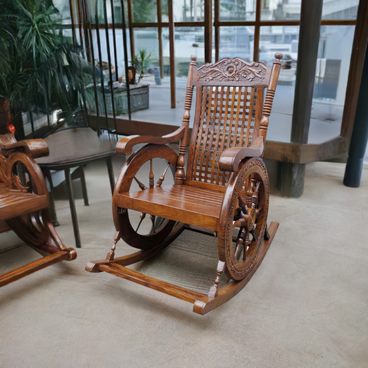 Antique Wheel-Design Wooden Rocking Chair for Relaxation