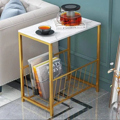 Lynet Rectangular Sofa Side Table with Marble Top and Gold Metal Frame