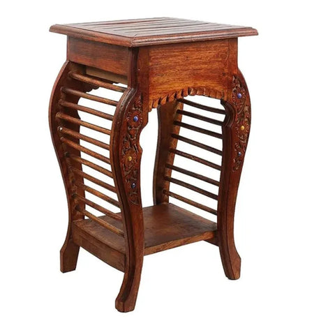 Wooden Stool-Natural Wood Antique Look Side Table with Drawer for Living Room {Brown}
