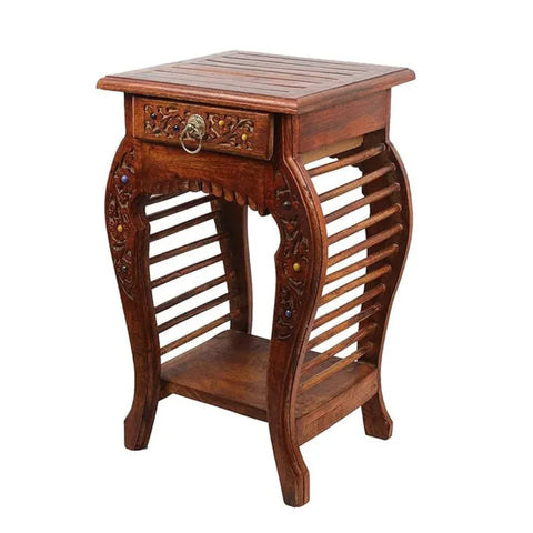 Wooden Stool-Natural Wood Antique Look Side Table with Drawer for Living Room {Brown}