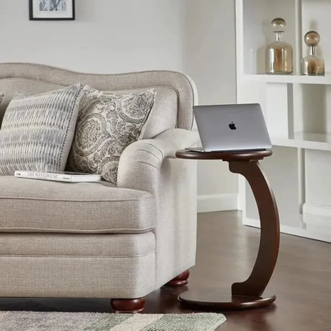 Walnut Round C-Shaped End Table for Sofa, Coffee, and Laptop Use