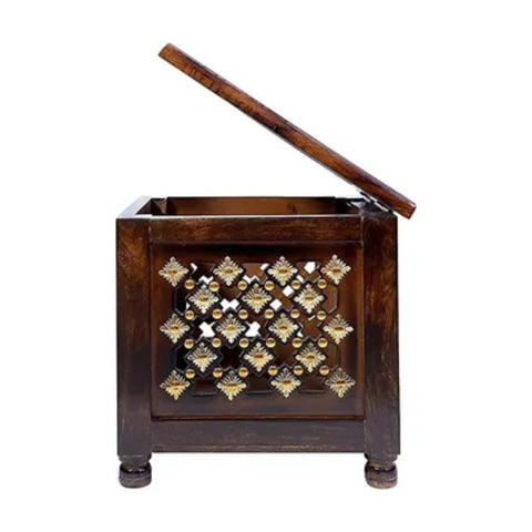 Handcrafted Brown Antique Wooden Stool with Hidden Storage