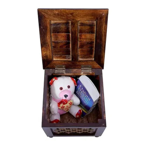 Handcrafted Brown Antique Wooden Stool with Hidden Storage