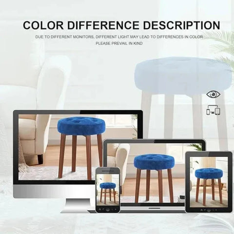 Blue Tufted Round Vanity Stool with Wooden Legs