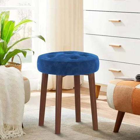 Blue Tufted Round Vanity Stool with Wooden Legs