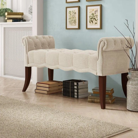 Modern Upholstered Tufted Roll Arm Bench with Curved Legs