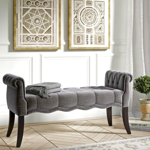 Modern Upholstered Tufted Roll Arm Bench with Curved Legs