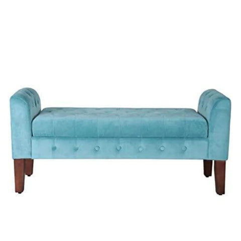 Teal Velvet Tufted Storage Bench with Wooden Legs