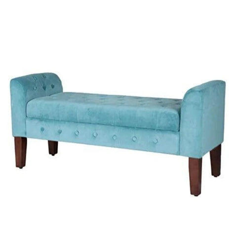 Teal Velvet Tufted Storage Bench with Wooden Legs