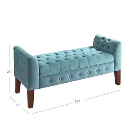 Teal Velvet Tufted Storage Bench with Wooden Legs