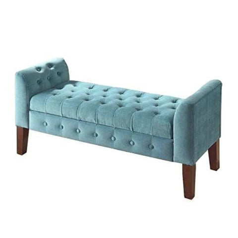 Teal Velvet Tufted Storage Bench with Wooden Legs