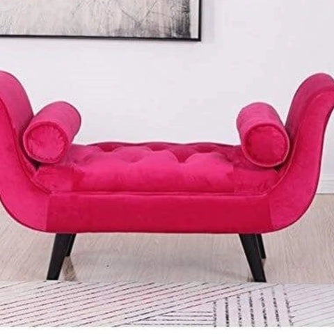 Velvet Upholstered Curved Sofa Bench with Bolster Pillows – Rose Red, Orange, Light Blue