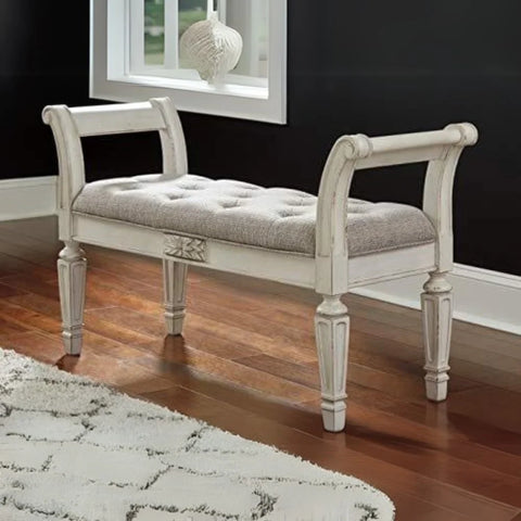 Ashley Realyn French Country Upholstered Tufted Accent Bench in Antique White