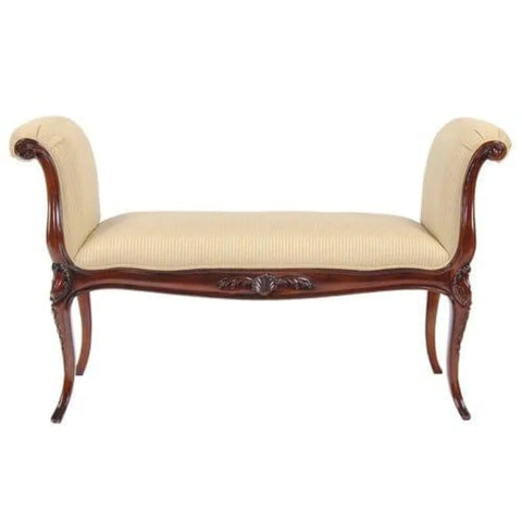 Handcrafted Teak Wood Upholstered Bench with Carved Details