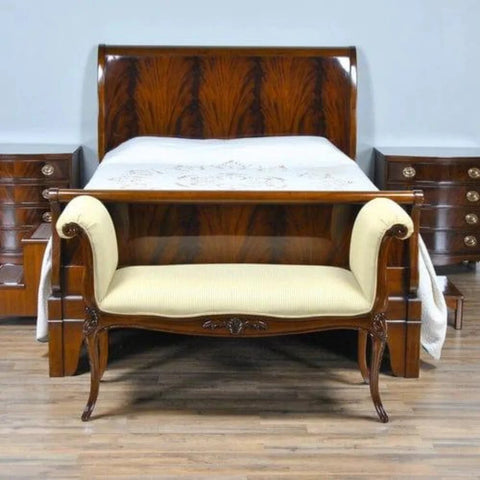 Handcrafted Teak Wood Upholstered Bench with Carved Details