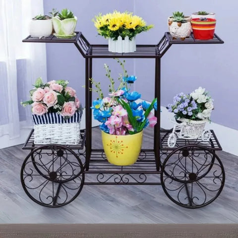 6-Tier Wrought Iron Cart Planter Stand | Decorative Outdoor Flower Rack
