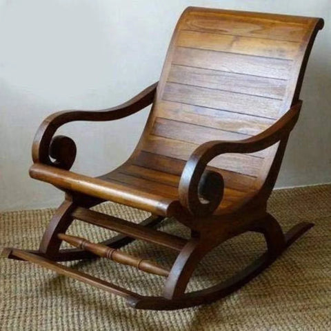 Classic Wooden Slatted Rocking Chair with Curved Armrests