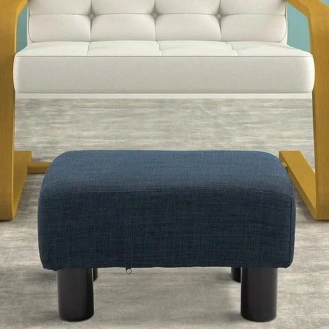 Compact Navy Blue Upholstered Footstool with Wooden Legs