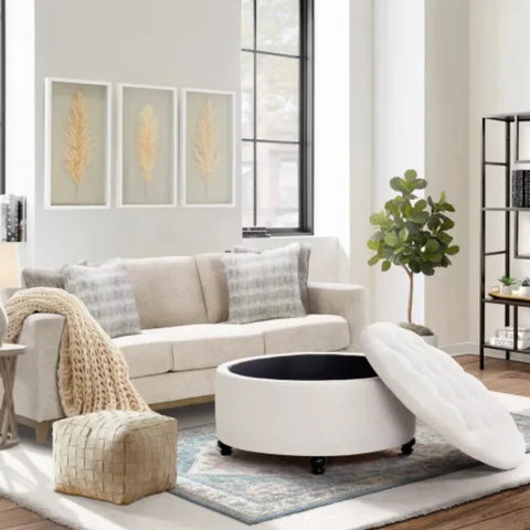 Daquasha Round Upholstered Storage Ottoman with Button-Tufted Flip-Top