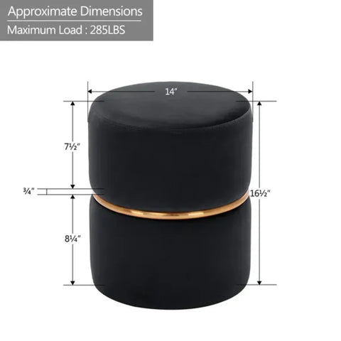 Black Velvet Upholstered Round Stool with Golden Accent