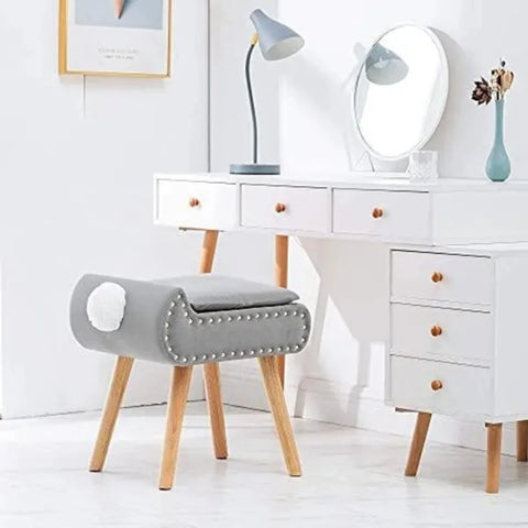 Grey Velvet Modern Vanity Stool with Storage and Faux Fur Cushion