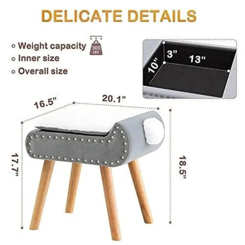 Grey Velvet Modern Vanity Stool with Storage and Faux Fur Cushion