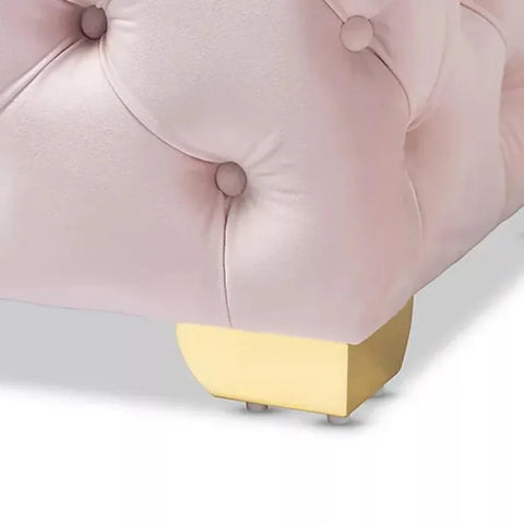 Pink Velvet Tufted Stool with Wooden Legs and Cotton Cushion