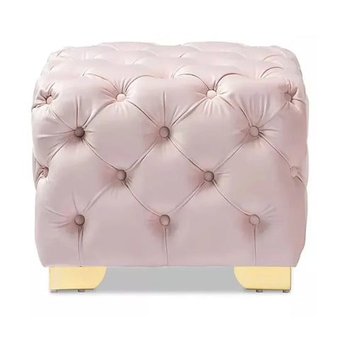 Pink Velvet Tufted Stool with Wooden Legs and Cotton Cushion