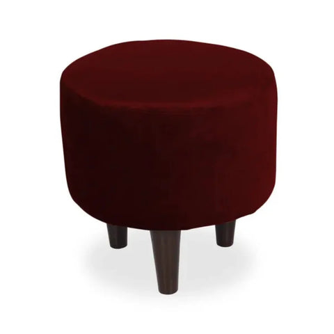 Maroon Velvet Round Stool with Wooden Legs and Cotton Cushion