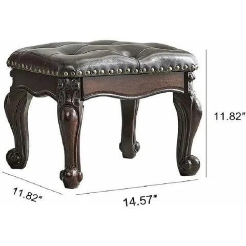 Dark Brown Square Leatherette Footstool Ottoman with Carved Wooden Legs
