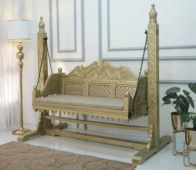 Crate Gold Finish Swing Chair with Intricate Carvings