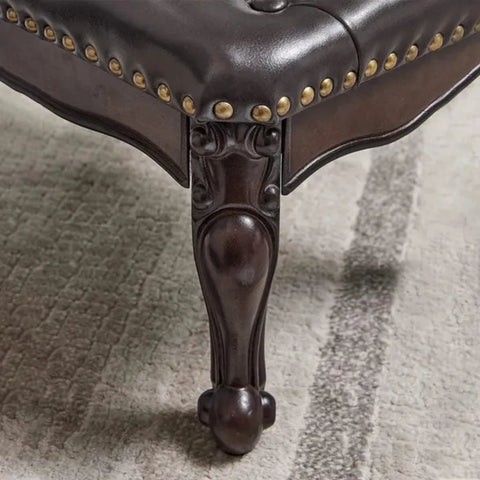 Dark Brown Square Leatherette Footstool Ottoman with Carved Wooden Legs