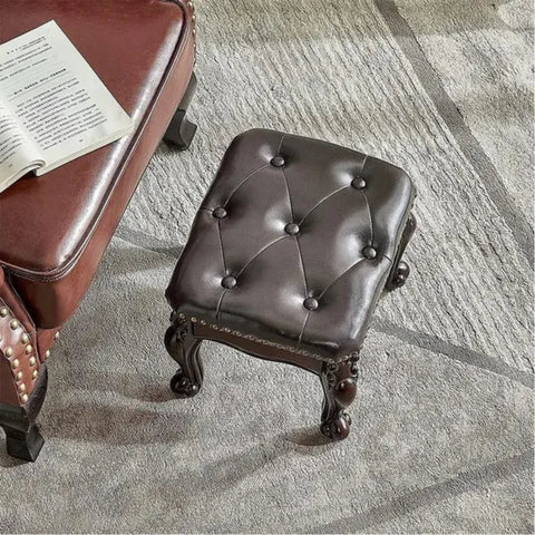 Dark Brown Square Leatherette Footstool Ottoman with Carved Wooden Legs