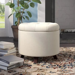 Cream Wooden Leg Stool with Cotton Cushion for Home