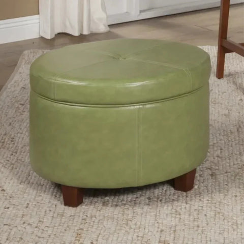 Moss Green Faux Leather Ottoman with Wooden Legs and Hidden Storage