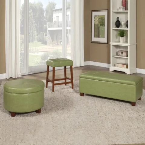 Moss Green Faux Leather Ottoman with Wooden Legs and Hidden Storage
