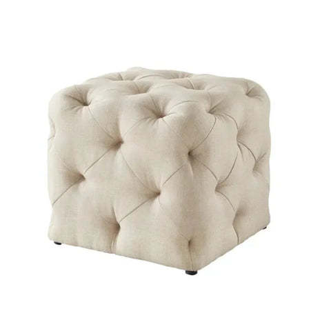 Cream Tufted Cotton Cushion Ottoman for Home Decor