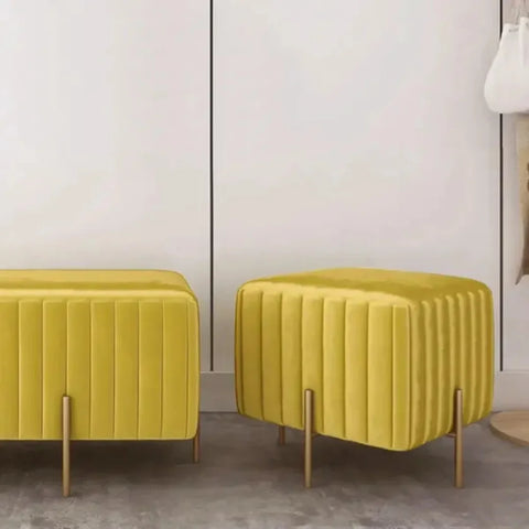 Yellow Velvet Upholstered Square Ottoman Footrest for Modern Homes