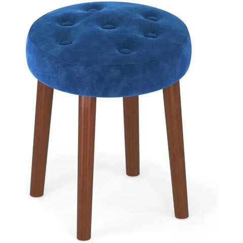 Blue Round Vanity Stool with Wooden Legs