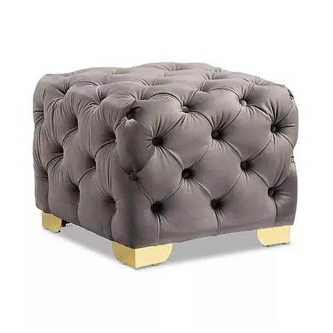 Grey Velvet Tufted Ottoman with Gold Base