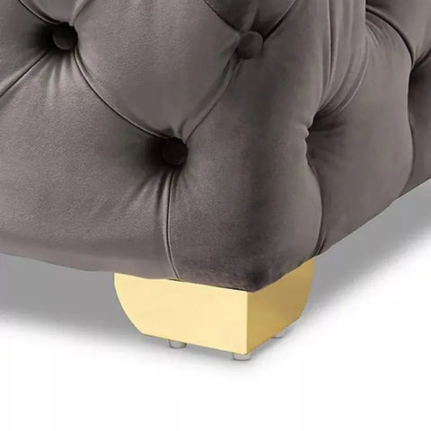 Grey Velvet Tufted Ottoman with Gold Base